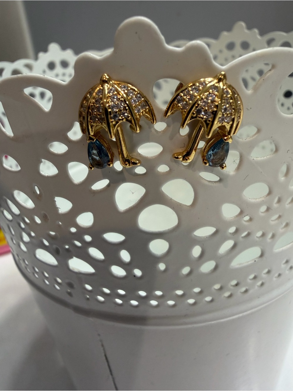 Kate Spade ♠️ Gold Umbrella Stud Earrings with Blue Accents